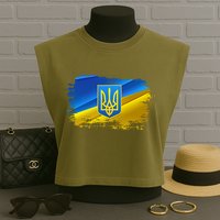 Stand With Ukraine Distressed Coat Of Arms Crest Flag Garment-Dyed Women's Muscle Tee