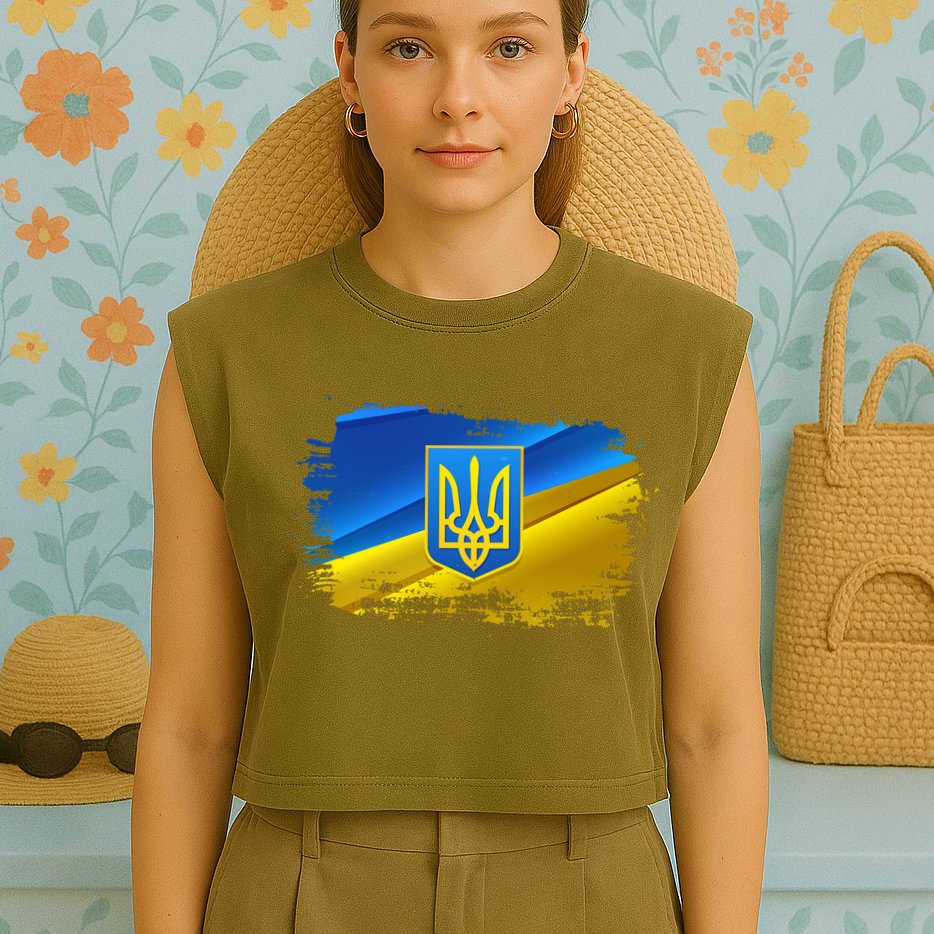 Stand With Ukraine Distressed Coat Of Arms Crest Flag Garment-Dyed Women's Muscle Tee