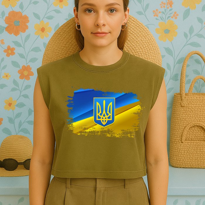 Stand With Ukraine Distressed Coat Of Arms Crest Flag Garment-Dyed Women's Muscle Tee