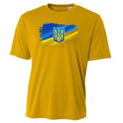 Stand With Ukraine Distressed Coat Of Arms Crest Flag Cooling Performance Crew T-Shirt