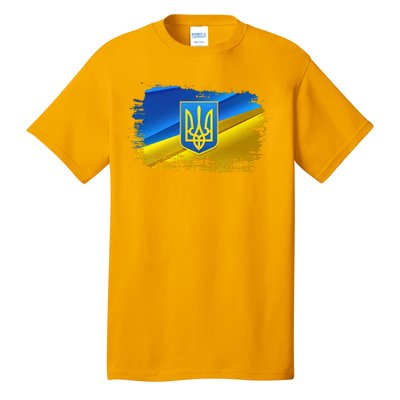 Stand With Ukraine Distressed Coat Of Arms Crest Flag Tall T-Shirt