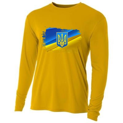 Stand With Ukraine Distressed Coat Of Arms Crest Flag Cooling Performance Long Sleeve Crew