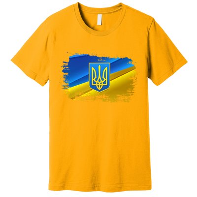 Stand With Ukraine Distressed Coat Of Arms Crest Flag Premium T-Shirt