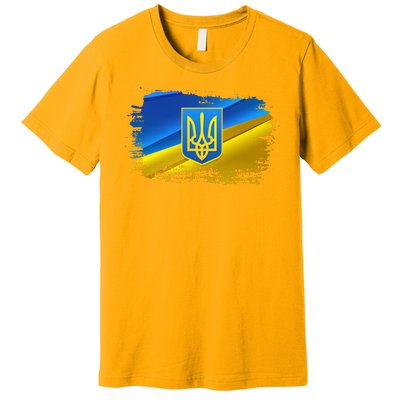 Stand With Ukraine Distressed Coat Of Arms Crest Flag Premium T-Shirt