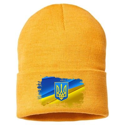 Stand With Ukraine Distressed Coat Of Arms Crest Flag Sustainable Knit Beanie