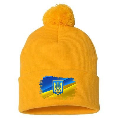 Stand With Ukraine Distressed Coat Of Arms Crest Flag Pom Pom 12in Knit Beanie