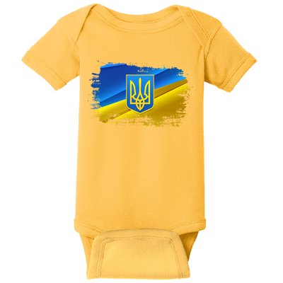 Stand With Ukraine Distressed Coat Of Arms Crest Flag Baby Bodysuit