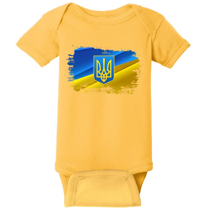 Stand With Ukraine Distressed Coat Of Arms Crest Flag Baby Bodysuit