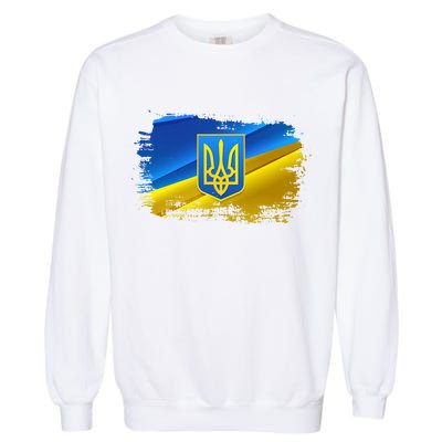 Stand With Ukraine Distressed Coat Of Arms Crest Flag Garment-Dyed Sweatshirt