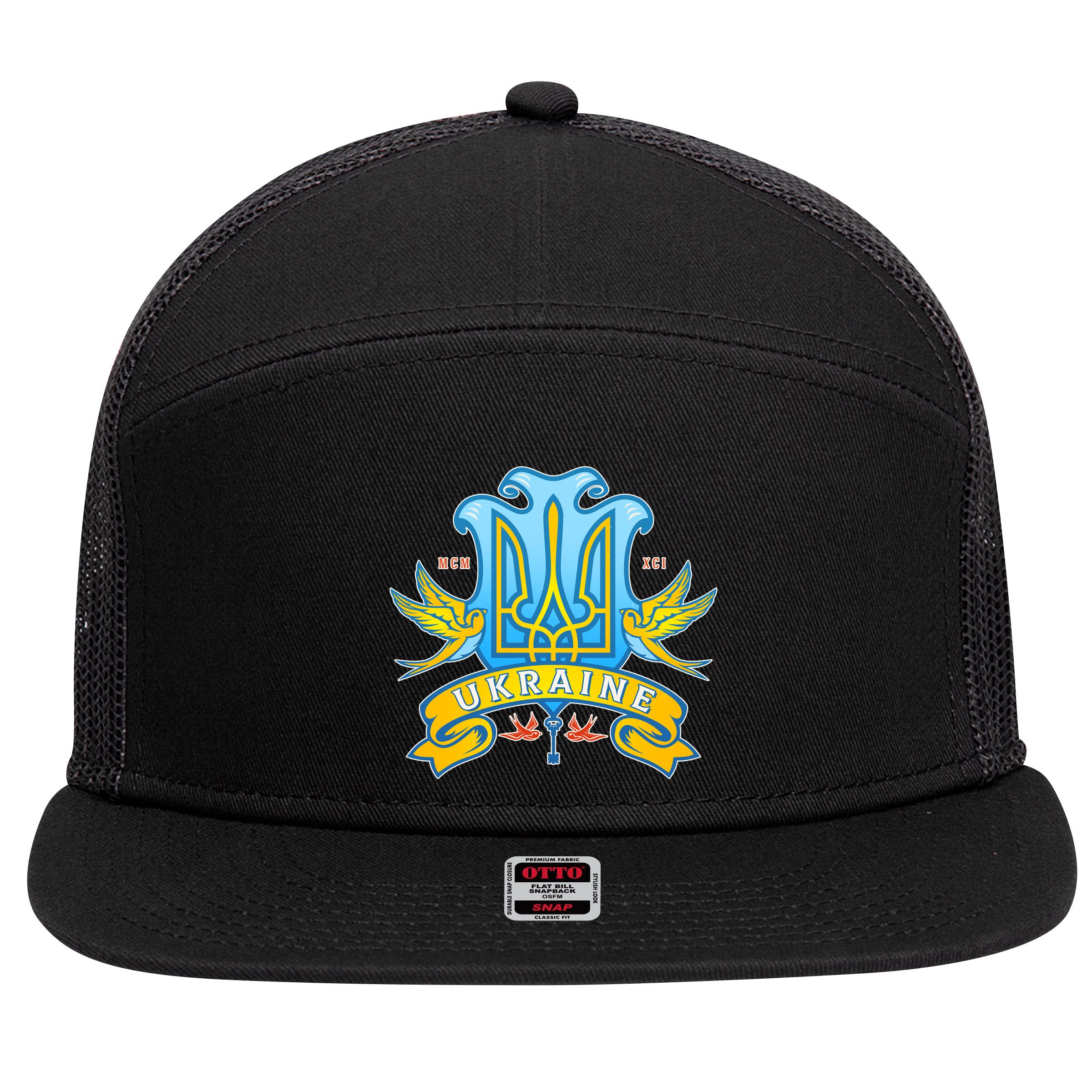 Stand With Ukraine Coat Of Arms Crest Peace Doves 7 Panel Mesh Trucker Snapback Hat