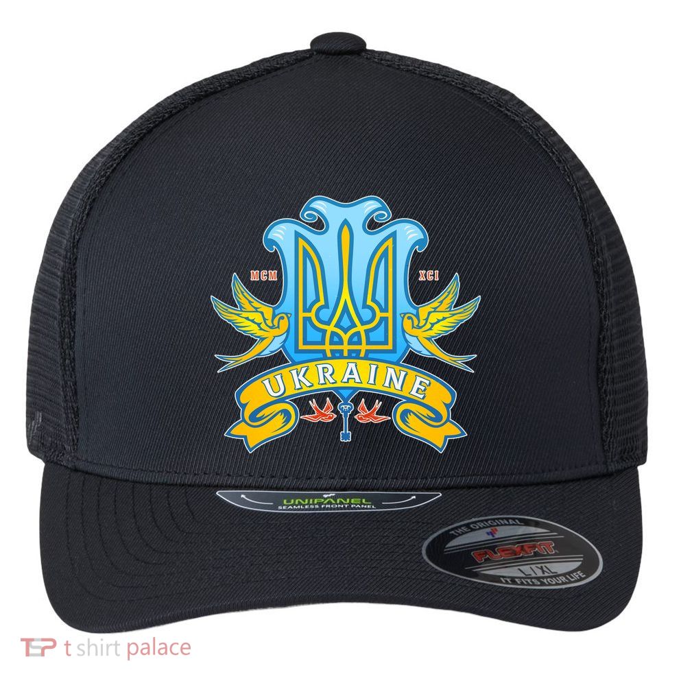 Stand With Ukraine Coat Of Arms Crest Peace Doves Flexfit Unipanel Trucker Cap
