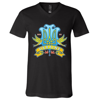 Stand With Ukraine Coat Of Arms Crest Peace Doves V-Neck T-Shirt