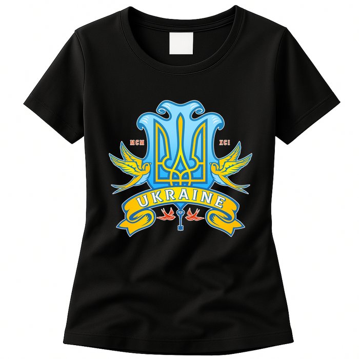Stand With Ukraine Coat Of Arms Crest Peace Doves Womens T-Shirt