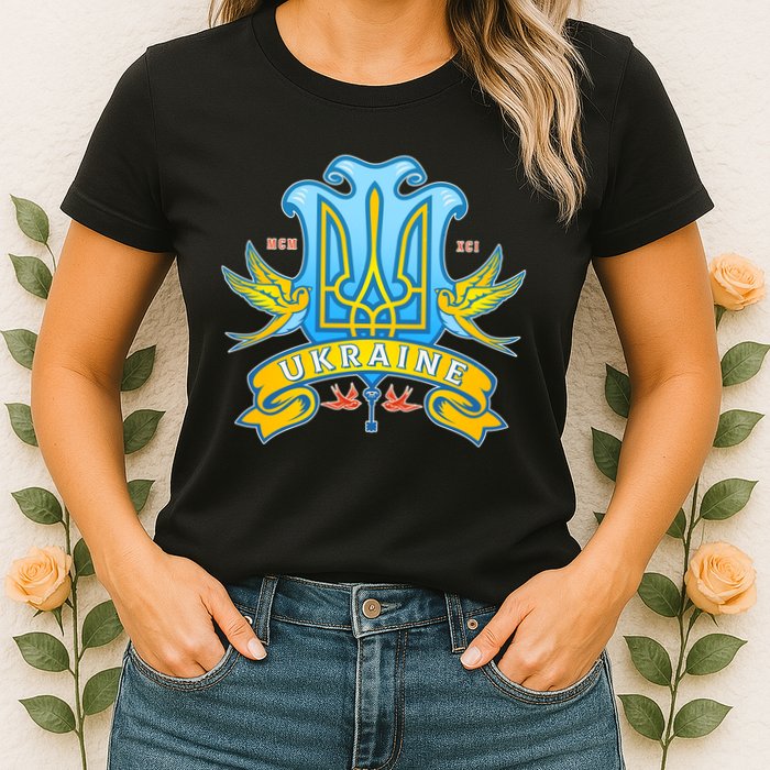 Stand With Ukraine Coat Of Arms Crest Peace Doves Womens T-Shirt