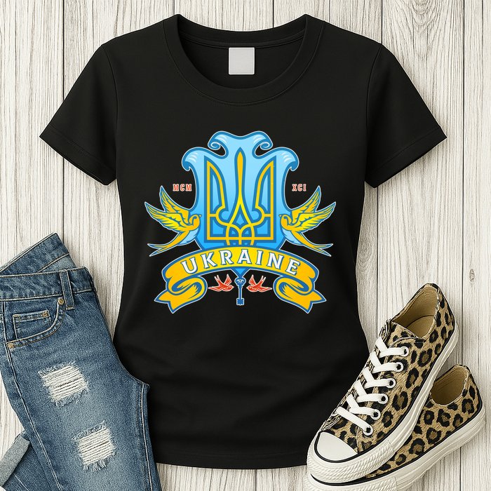Stand With Ukraine Coat Of Arms Crest Peace Doves Womens T-Shirt