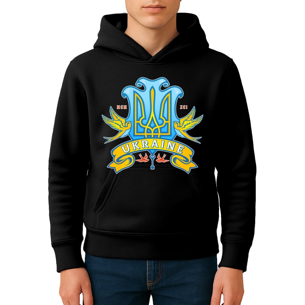 Stand With Ukraine Coat Of Arms Crest Peace Doves Kids Hoodie