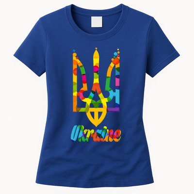 Stand With Ukraine Rainbow Dots Coat Of Arms Womens T-Shirt