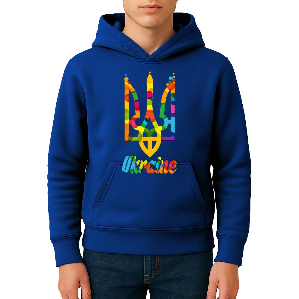 Stand With Ukraine Rainbow Dots Coat Of Arms Kids Hoodie