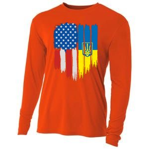 Stand With Ukraine Painted Distressed USA Ukrainian Flags Cooling Performance Long Sleeve Crew