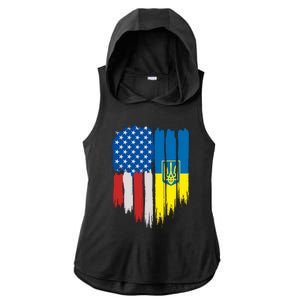 Stand With Ukraine Painted Distressed USA Ukrainian Flags Ladies PosiCharge Tri-Blend Wicking Draft Hoodie Tank