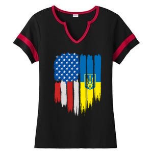 Stand With Ukraine Painted Distressed USA Ukrainian Flags Ladies Halftime Notch Neck Tee