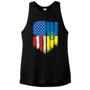 Stand With Ukraine Painted Distressed USA Ukrainian Flags Ladies PosiCharge Tri-Blend Wicking Tank