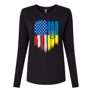 Stand With Ukraine Painted Distressed USA Ukrainian Flags Womens Cotton Relaxed Long Sleeve T-Shirt