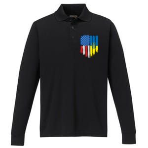 Stand With Ukraine Painted Distressed USA Ukrainian Flags Performance Long Sleeve Polo