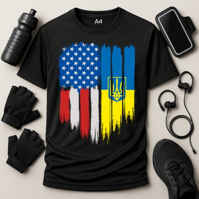 Stand With Ukraine Painted Distressed USA Ukrainian Flags Cooling Performance Crew T-Shirt