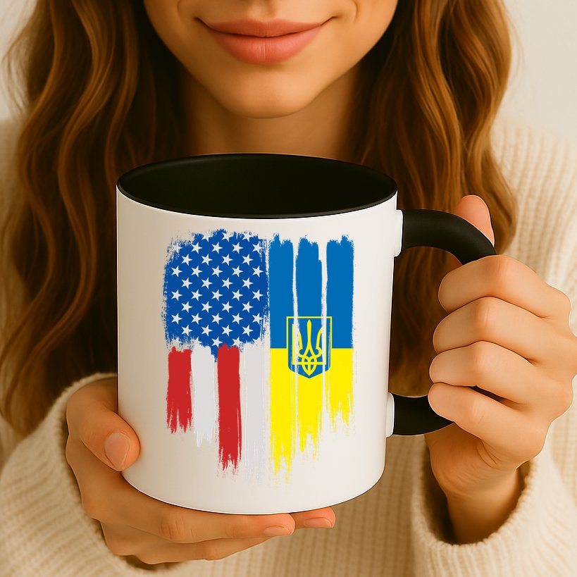 Stand With Ukraine Painted Distressed USA Ukrainian Flags Mug