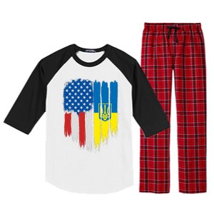 Stand With Ukraine Painted Distressed USA Ukrainian Flags Raglan Sleeve Pajama Set