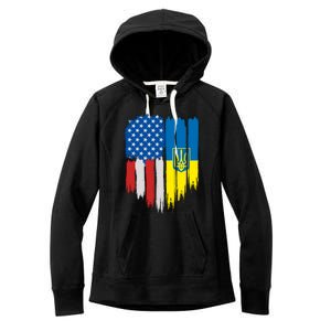 Stand With Ukraine Painted Distressed USA Ukrainian Flags Women's Fleece Hoodie