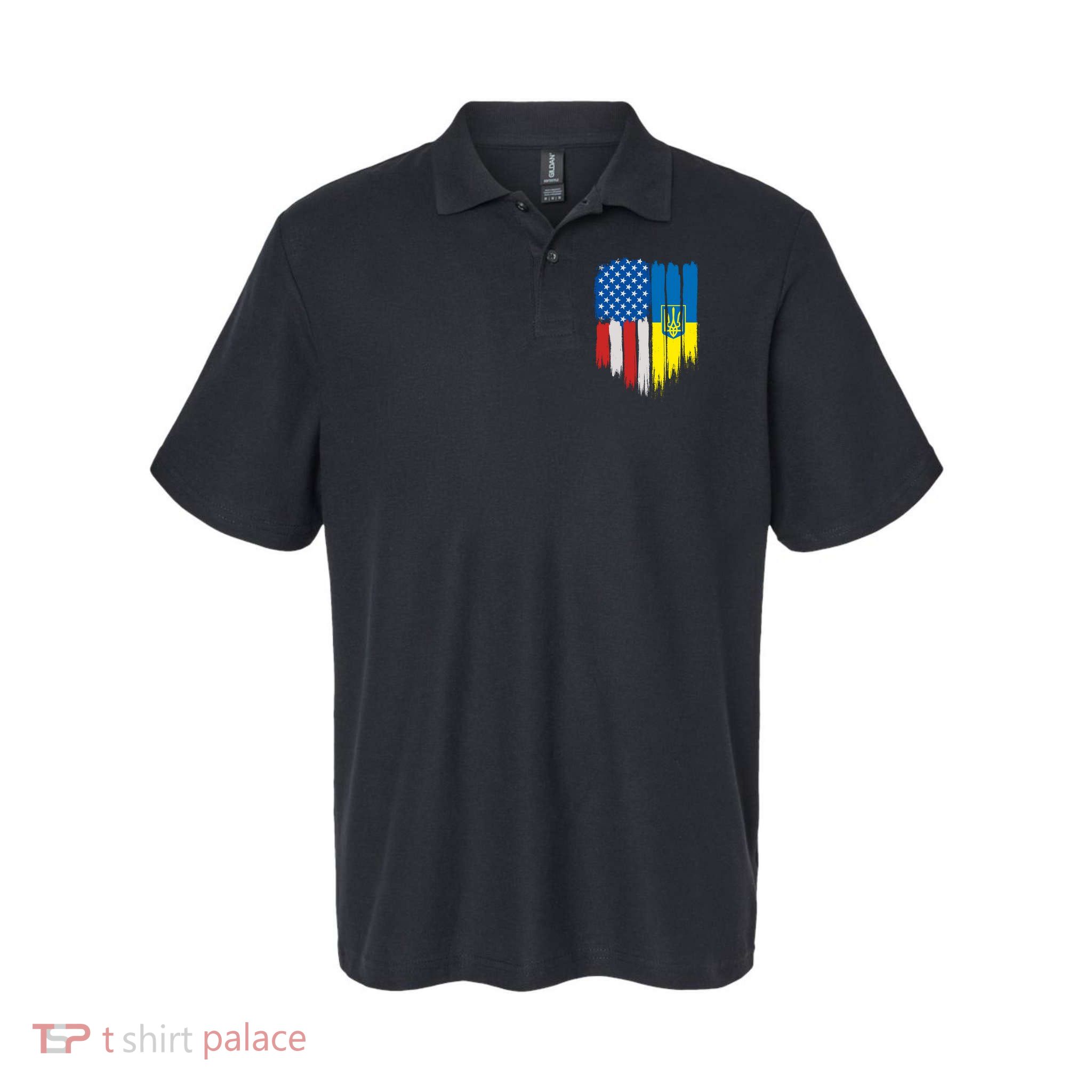 Stand With Ukraine Painted Distressed USA Ukrainian Flags Polo