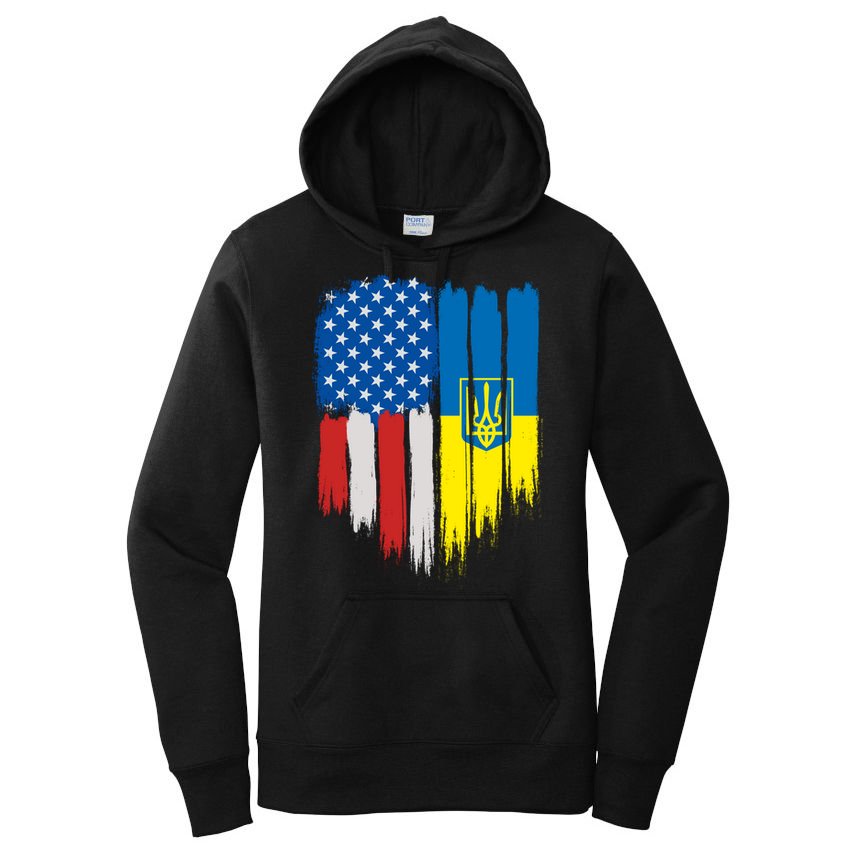 Stand With Ukraine Painted Distressed USA Ukrainian Flags Women's Pullover Hoodie