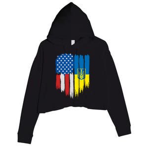 Stand With Ukraine Painted Distressed USA Ukrainian Flags Crop Fleece Hoodie