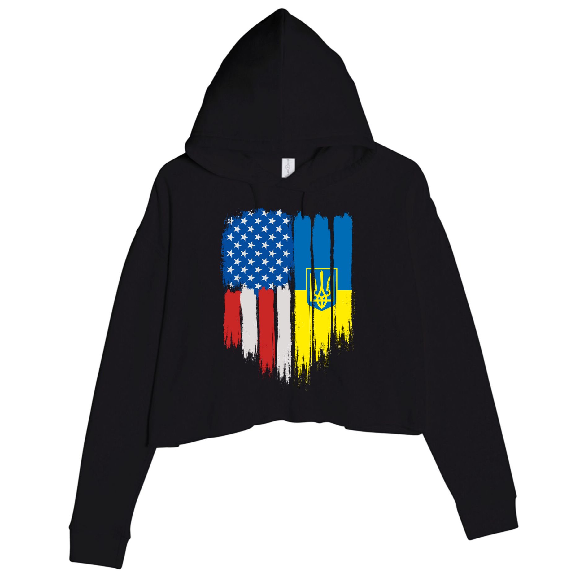 Stand With Ukraine Painted Distressed USA Ukrainian Flags Crop Fleece Hoodie