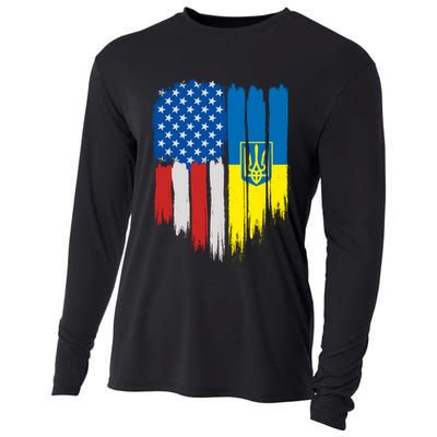 Stand With Ukraine Painted Distressed USA Ukrainian Flags Cooling Performance Long Sleeve Crew