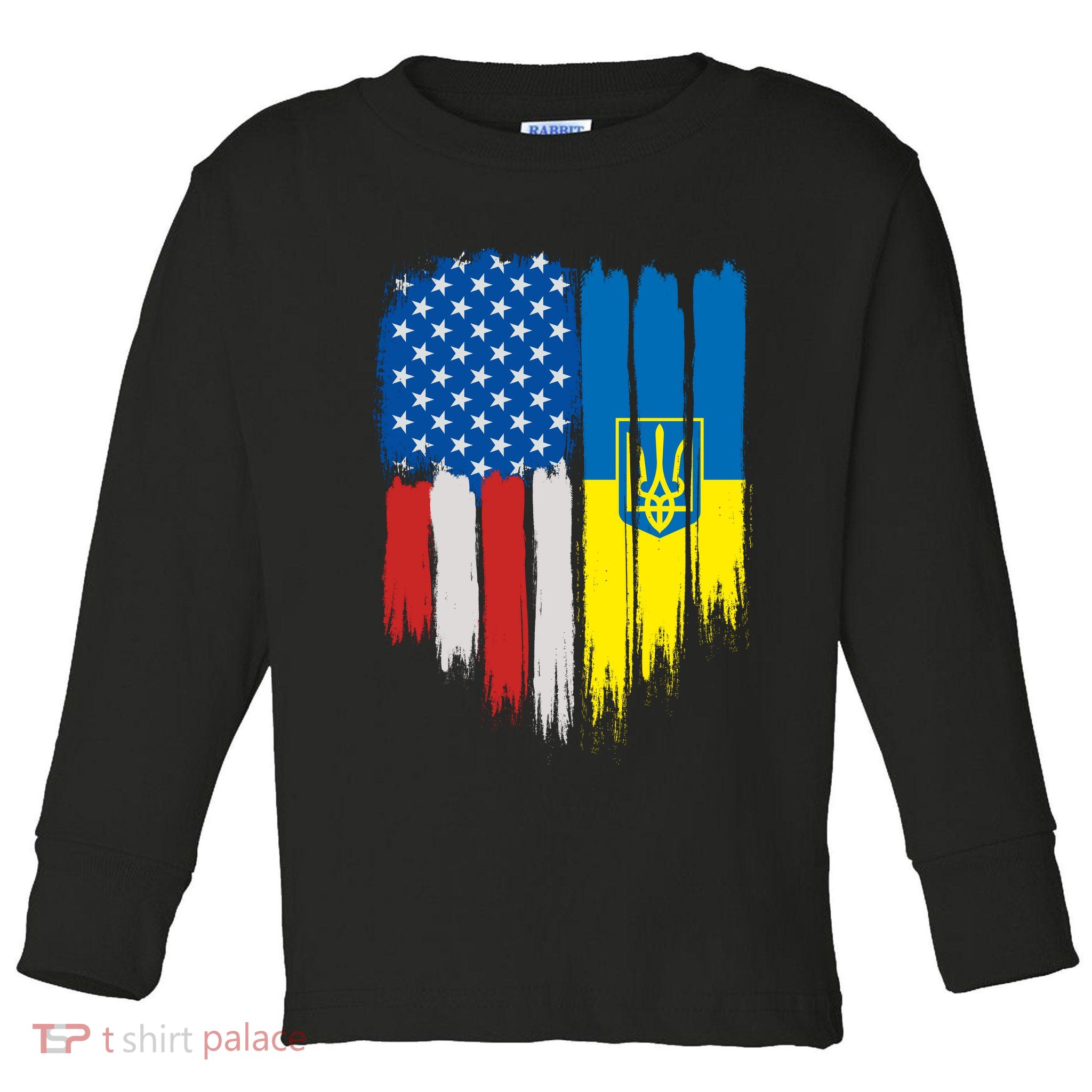 Stand With Ukraine Painted Distressed USA Ukrainian Flags Toddler Long Sleeve Shirt