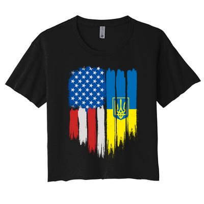Stand With Ukraine Painted Distressed USA Ukrainian Flags Crop Top