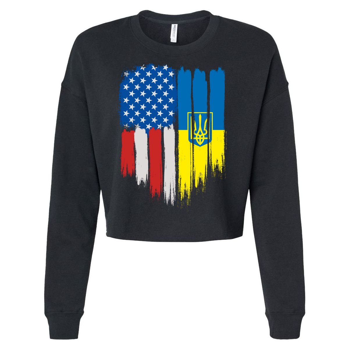 Stand With Ukraine Painted Distressed USA Ukrainian Flags Cropped Pullover Crew