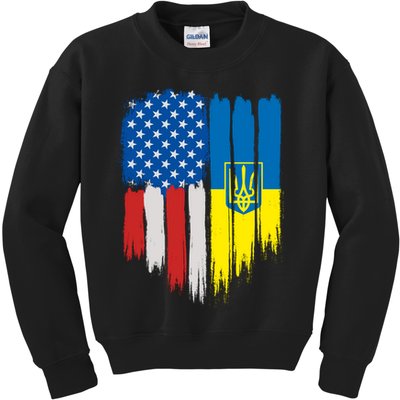 Stand With Ukraine Painted Distressed USA Ukrainian Flags Kids Sweatshirt