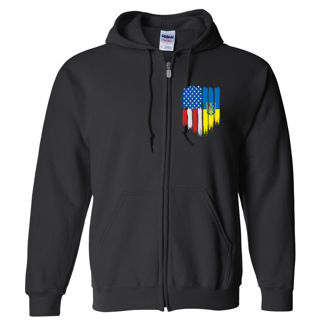 Stand With Ukraine Painted Distressed USA Ukrainian Flags Full Zip Hoodie
