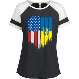 Stand With Ukraine Painted Distressed USA Ukrainian Flags Enza Ladies Jersey Colorblock Tee