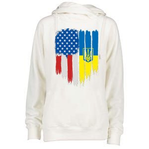 Stand With Ukraine Painted Distressed USA Ukrainian Flags Womens Funnel Neck Pullover Hood