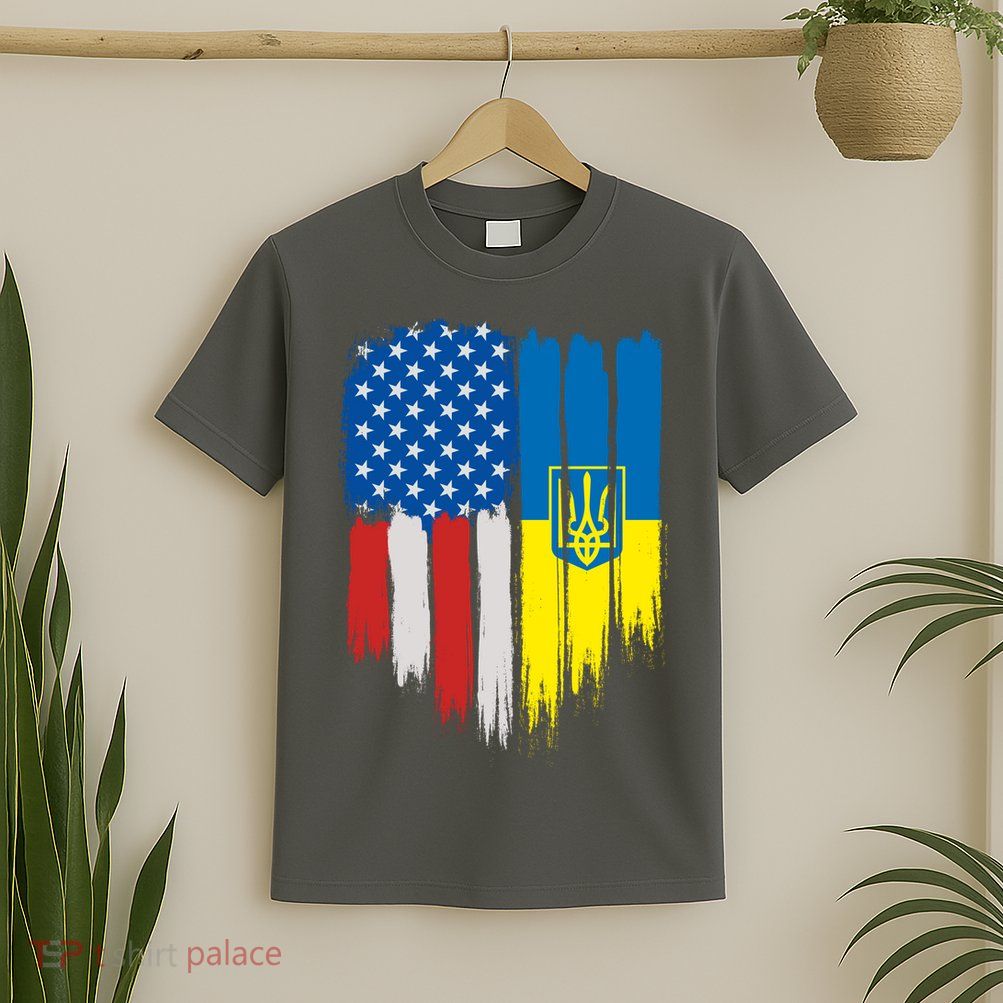 Stand With Ukraine Painted Distressed USA Ukrainian Flags T-Shirt