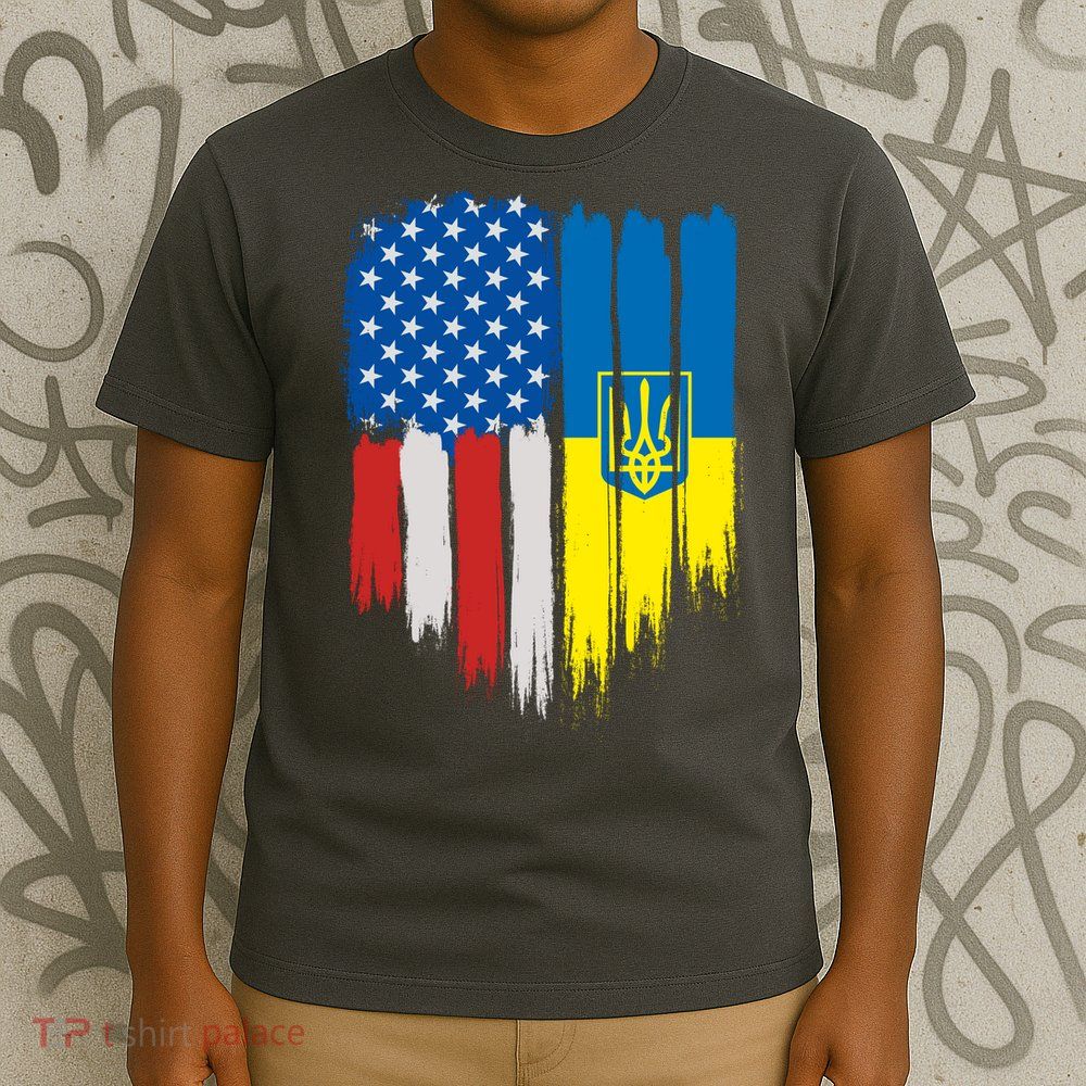 Stand With Ukraine Painted Distressed USA Ukrainian Flags T-Shirt