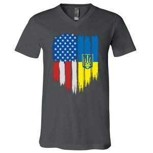 Stand With Ukraine Painted Distressed USA Ukrainian Flags V-Neck T-Shirt