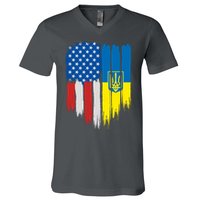 Stand With Ukraine Painted Distressed USA Ukrainian Flags V-Neck T-Shirt