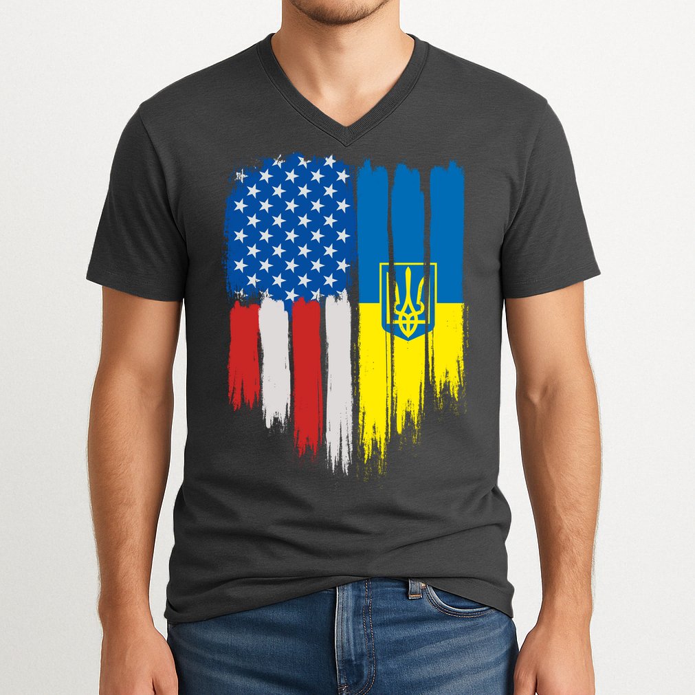 Stand With Ukraine Painted Distressed USA Ukrainian Flags V-Neck T-Shirt
