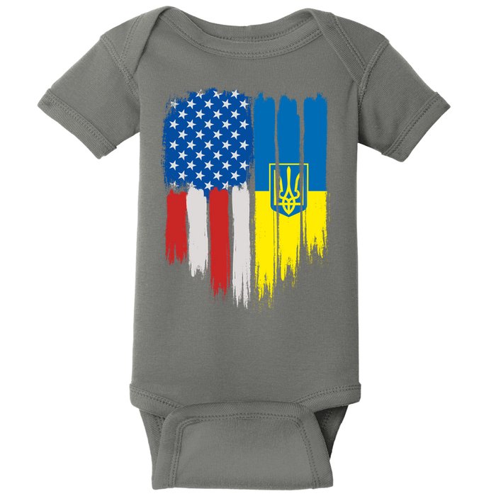 Stand With Ukraine Painted Distressed USA Ukrainian Flags Baby Bodysuit